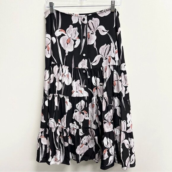 JASON WU Tiered Floral Print Silk Midi Skirt Women’s Size 12 Black Print Spring - Picture 2 of 8